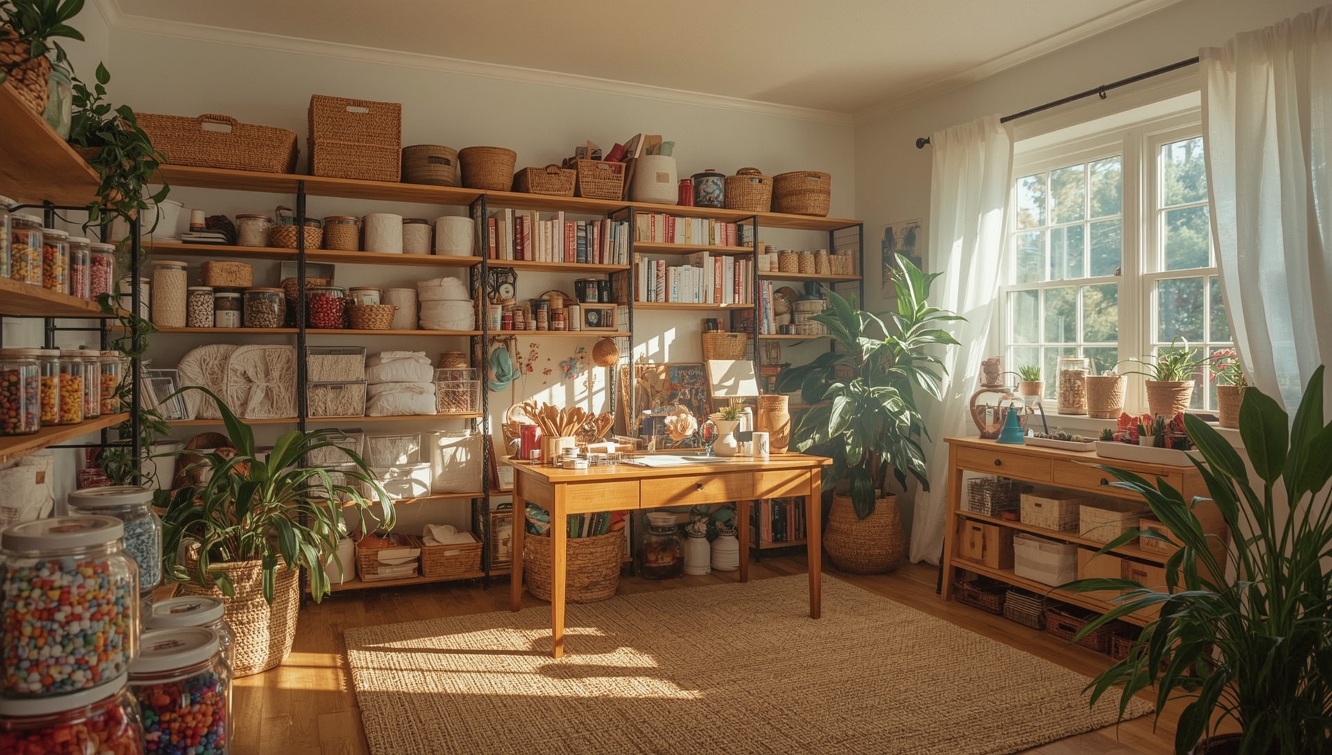 Sunlit craft room, full of supplies, containers and plants